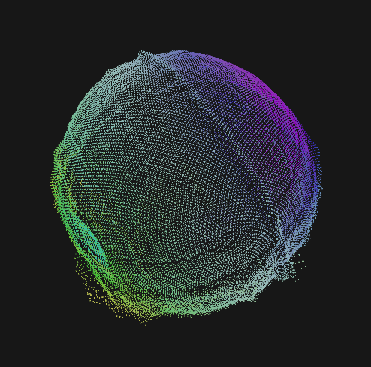 A three dimensional dynamic sphere that reacts to sound.